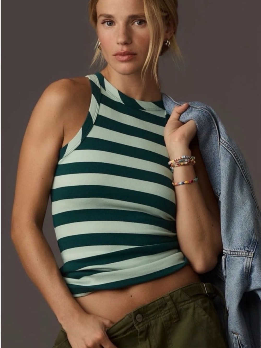 Anthropologie Green Striped Ribbed Tank Top